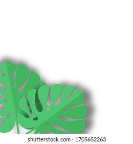 Monstera leaves in modern paper cut style. Pink tropical background with place for text. Summer jungle paper art style. Can be used for advertising and promotion.