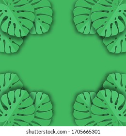 Monstera leaves in modern paper cut style. Pink tropical background with place for text. Summer jungle paper art style. Can be used for advertising and promotion.