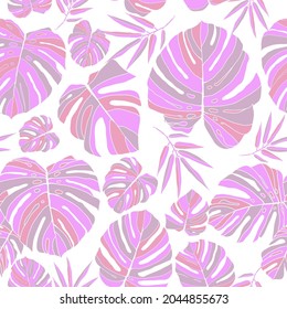 Monstera leaves on hawaiian beach wallpaper.   Hipster pink hand drawn seamless pattern. Vector illustration isolated on white background.