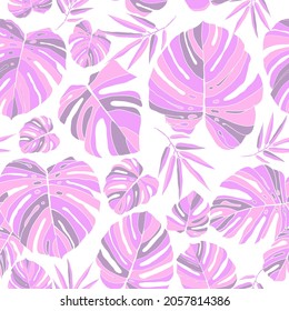 Monstera leaves on hawaiian beach wallpaper.   Beauty pink hand drawn seamless pattern. Vector illustration isolated on white background.