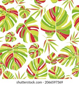 Monstera leaves on hawaiian beach wallpaper.   Exotic green hand drawn seamless pattern. Vector illustration isolated on white background.