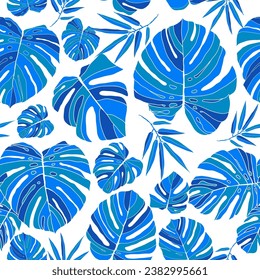 Monstera leaves on hawaiian beach wallpaper.   Exotic blue hand drawn seamless pattern. Vector illustration isolated on white background.