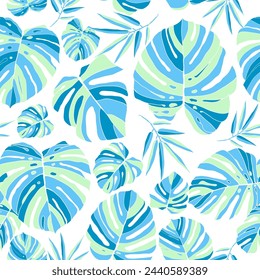 Hojas de Monstera en el fondo de pantalla hawaiano.   Patrón sin fisuras dibujado a mano azul natural. Ilustración vectorial aislada sobre fondo blanco.