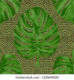 Monstera Leaves on leopard background seamless pattern