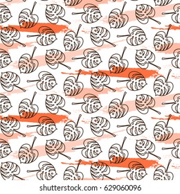Monstera leaves on paint brushstrokes seamless vector pattern. Acrylic brush smears and foliage artistic background.