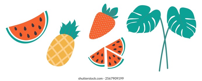 Monstera leaves on stem, strawberry, pineapple and watermelon slices. Summer design elements Set 5