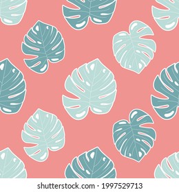 Monstera leaves on tiles pattern. Beautifully organised hand drawn vector illustration for background, banner, textile.