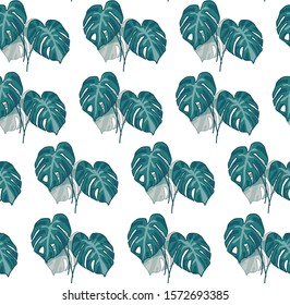 Monstera leaves on white backdrop. Green floral seamless pattern for wallpaper, wrap paper, sleeper, bath tile, apparel or bed linen. Phone case or cloth print. Cartoon style stock vector illustration