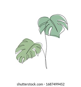 Monstera leaves one line drawing art. Continuous line style. Abstract minimal vector illustration