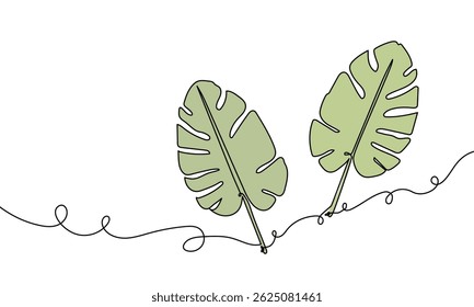 Monstera Leaves One Line Drawing with Green Color Accents