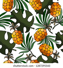 Monstera leaves, palm leaves, pineapples. Vector illustration.