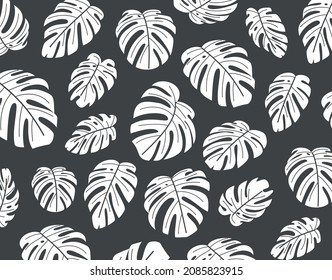 Monstera leaves pattern. Black and white vector illustration
