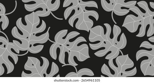 Patrón de hojas de Monstera en colores gris negro nocturno. Patrón de hojas exóticas tropicales dibujadas a mano simple, diseño para la cubierta y el fondo textiles de la tela.