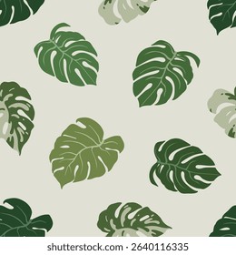 Monstera leaves pattern. Seamless tropical natural background with green leaf, botanical design. Endless exotic plant foliage, greenery, leafy texture for fabric, textile. Flat vector illustration