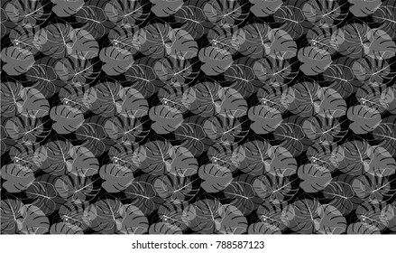 Monstera leaves pattern. Seamless tropical background in shades of green color with painted stripes. Black strokes exotic vector illustration.