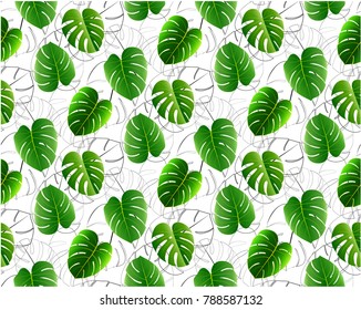 Monstera leaves pattern. Seamless tropical background in shades of green color with painted stripes. Brush strokes exotic vector illustration.