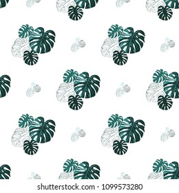 Monstera leaves pattern. Vintage square watercolor print with tropic leaves. Summer seamless pattern background with floral elements on white backdrop.