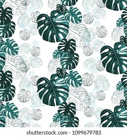 Monstera leaves pattern. Vintage square watercolor print with tropic leaves. Summer seamless pattern background with floral elements on white backdrop.