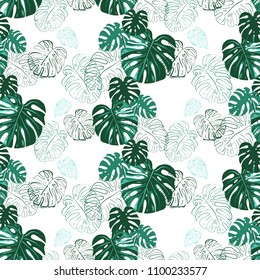 Monstera leaves pattern. Vintage square watercolor print with tropic leaves. Summer seamless pattern background with floral elements on white backdrop.