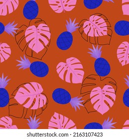 Monstera leaves and pineapples seamless pattern. Flat vector illustration, tropical summer pattern