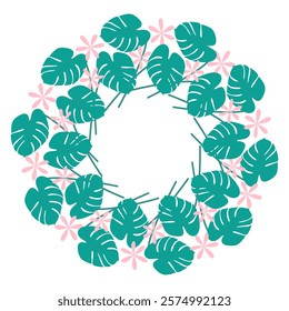 Monstera leaves and pink flowers Circular frame border. Summertime Tropical Copy space Template idea