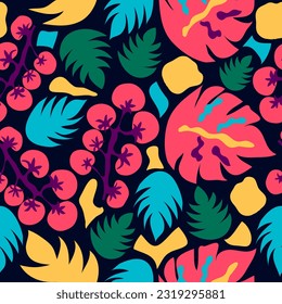 Monstera leaves, pink tomatoes, leaves, exotic colors seamless vector repeat pattern. Rainforest plants with exotic colors seamless vector repeat pattern. Suitable for tiles, fabric, textile and more.