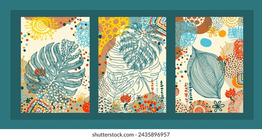 Monstera deja afiches coloreados. Diseño abstracto del arte de la planta para las impresiones enmarcadas de la pared, las impresiones de la lona, el cartel, la decoración casera, la cubierta, el papel pintado. Dibujo a mano. No AI, ilustración vectorial