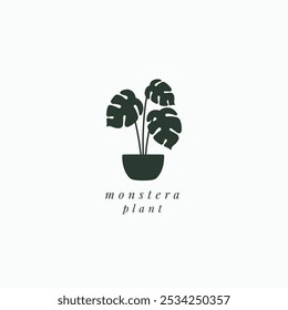 Hojas de monstera en maceta estética decoración de plantas de interior logotipo Vector icono ilustración