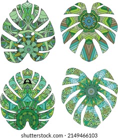 Monstera leaves. Retro zentangle stylized in vector
