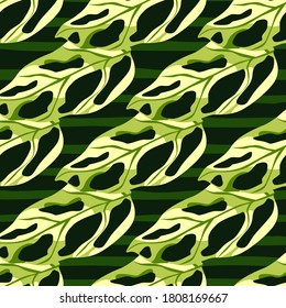 Monstera leaves seamless doodle pattern. Simple tropic print in green palette. Exotic botanic backdrop. Decorative backdrop for wallpaper, textile, wrapping paper, fabric print. Vector illustration.