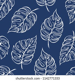 Monstera deja un patrón de contorno sin fisuras sobre el fondo azul. Ilustración del vector