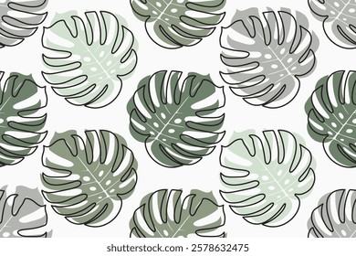 Monstera leaves seamless patter design. Nature floral background for wrapping paper, print, fabric, web, wallpaper. Summer botanical banner. Foliage texture