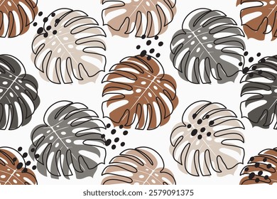 Monstera leaves seamless patter design. Nature floral background for wrapping paper, print, fabric, web, wallpaper. Summer botanical banner. Foliage texture