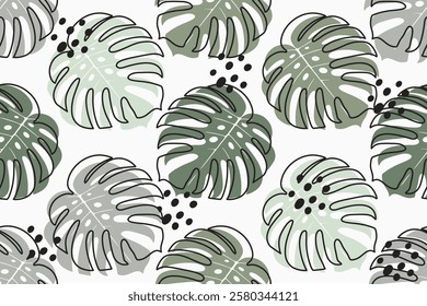 Monstera leaves seamless patter design. Nature floral background for wrapping paper, print, fabric, web, wallpaper. Summer botanical banner. Foliage texture