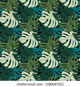 Monstera leaves seamless pattern. Abstract leaf wallpaper. Botanical design for fabric, textile print, wrapping paper, textile. Vector illustration