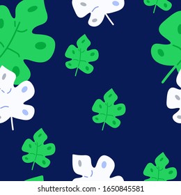 monstera leaves seamless pattern bright trendy modern colors on dark blue background