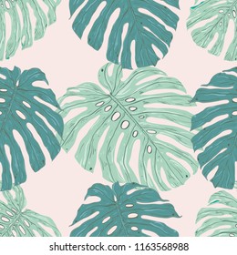 Monstera leaves seamless pattern color vector tropic exotic jungle plant botany hand drawn