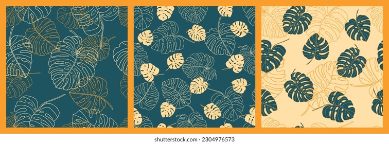 Monstera leaves seamless pattern. Each pattern is isolated. Trendy seamless print for fabric, cover, background, interior design or other using. Vector illustration. Set.