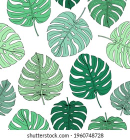 Monstera geht. Nahtloses Muster. Exotische tropische Pflanze. Verschiedene Blätter. Natürlich, botanisch, schön, trendig, floral. Für Druck und Design auf Stoff, Papier.