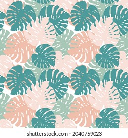 Monstera leaves seamless pattern. Exotic tropical backdrop. Creative palm leaf botanical wallpaper. Pastel colors. Design for fabric , textile print, wrapping, cover. Abstract vector illustration.