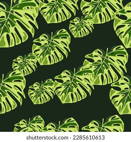 Monstera leaves seamless pattern. Exotic jungle plants endless wallpaper. Leaf background. Hawaiian rainforest floral backdrop. Design for fabric, textile print, wrapping, cover. Vector illustration
