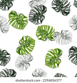 Monstera leaves seamless pattern. Exotic jungle plants endless wallpaper. Leaf background. Hawaiian rainforest floral backdrop. Design for fabric, textile print, wrapping, cover. Vector illustration