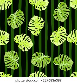 Monstera leaves seamless pattern. Exotic jungle plants endless wallpaper. Leaf background. Hawaiian rainforest floral backdrop. Design for fabric, textile print, wrapping, cover. Vector illustration