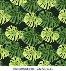 Monstera deja un patrón impecable. Plantas interminables de plantas exóticas de selva. Fondo de hoja. Fondo floral de la selva tropical hawaiana. Diseño para tela, impresión textil, envoltura, cubierta. Ilustración del vector