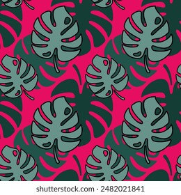 Monstera leaves seamless pattern, fabric, textile texture. Tropical pattern. Vector floral illustration. Bikini cloth design