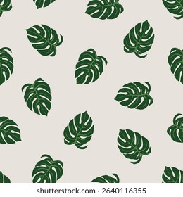 Monstera leaves, seamless pattern. Green leaf print, tropical greenery, endless background design. Botanical texture with repeating foliage for fabric, paper wrapping. Flat vector illustration