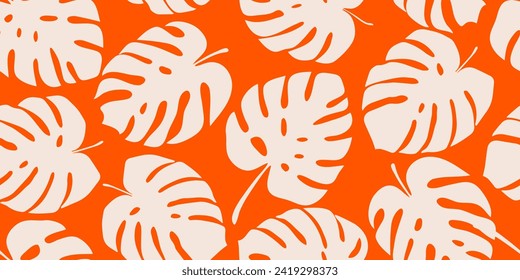 Monstera leaves seamless pattern, hand drawn tropical botanical, spring and Summer time, flat style, natural ornaments for textile, fabric, wallpaper, background. Vector illustration.