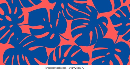 Monstera leaves seamless pattern, hand drawn tropical botanical, spring and Summer time, flat style, natural ornaments for textile, fabric, wallpaper, background. Vector illustration.