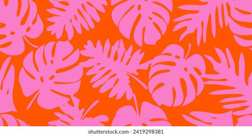 Las hojas de Monstera son un patrón sin fisuras, traza a mano de botánica tropical, primavera y verano, estilo plano, adornos naturales para textiles, tela, papel pintado, fondo. Ilustración vectorial.