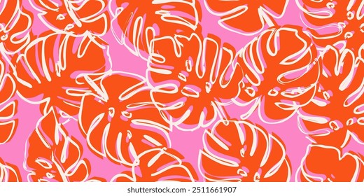 Monstera leaves seamless pattern, hand drawn tropical style, spring and Summer time, natural ornaments for textile, fabric, wallpaper, cover, banner, home decor, background.